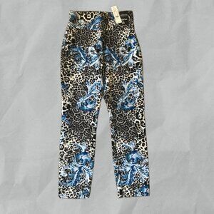 New Women's NY&Company Whitney Pull on Crop Pants Blue Floral Lepard Print SZ XS